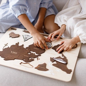 Children puzzle wooden world map. Nursery world map educational toys. Montessori materials preschool.