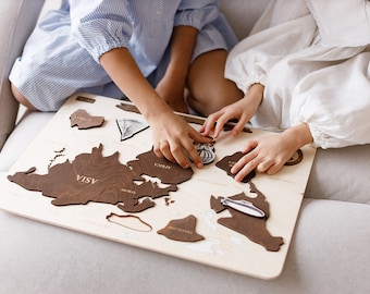 Children puzzle wooden world map. Nursery world map educational toys. Montessori materials preschool.
