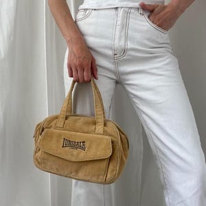Vintage Y2k 00s Beige Tan Corduroy Mini Bowling Bag with Embroidered Logo by Lonsdale