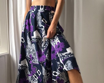 Vintage 90s Purple Abstract Floral and Animal Print Full Midi Skirt UK Size 10