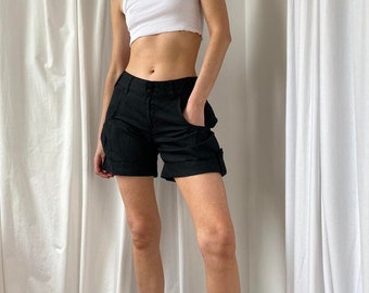 Vintage 90s Black Linen Cotton Blend Smart High Waisted City Boy Shorts with Ruched Pleat pockets and Turn Up Hems UK 12