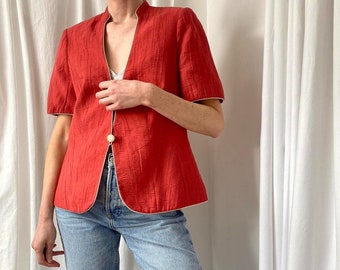 Blazer de chaqueta de bambú texturizada de manga corta roja bermellón de los años 80/90 con ribete de tubería blanca Reino Unido 14