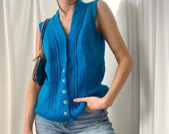 Vintage verde azulado/azul handknitted suéter chaleco V-cuello chaleco de punto sin mangas cardigan tamaño L