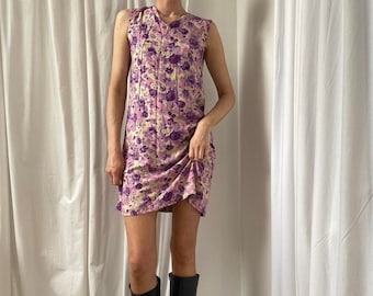 Vintage 90s Purple Pink Summery Floral Sleeveless Mini Shift Dress UK 10