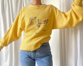 Vintage 80s Yellow Textured Cotton Knit Oversized Golf Jumper Sweater with Retro Golf Scene Embroidery to Chest Size M