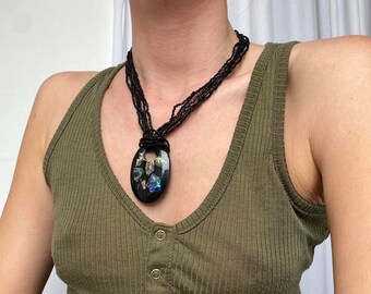 Vintage 00s Y2k Black Chunky Beachy Boho Mosaic Shell Oval Pendant Multi Row Beaded Necklace