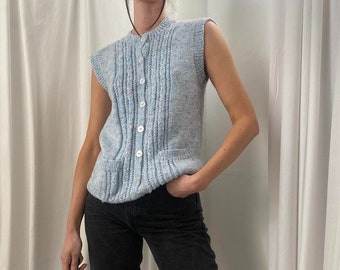 Vintage 90s Light Baby Blue Cable Knit Handknitted Sweater Vest Knitted Waistcoat Sleeveless Cardigan