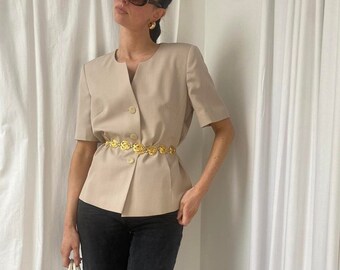 Vintage 80s/90s Beige/Neutral/Stone Short Sleeved Collarless Lady/Trophy Jacket Blazer UK 14