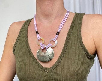 Vintage 00s y2k Chunky Beachy Boho Shell Disc Pendant Purple Lilac Beaded Multi Row Necklace