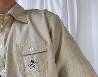 Vintage Y2K 00s Stone/Neutral Cotton Utility Shirt with Embroidered Disney Mickey Mouse Logo to Chest Pocket UK 18