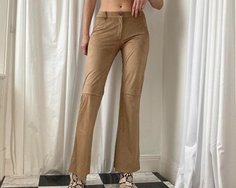 Vintage 00s y2k Beige/Stone/Tan Mid Rise Faux Suede Western Style Bootcut Flared Trousers UK Size 10