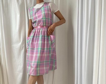 Vintage 80s Pink Check Plaid Tartan Sleeveless Summer Pinafore Midi Sundress with Pockets UK 12