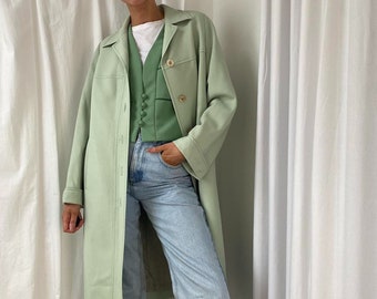 Vintage Minty Pastel Verde Largo Trench Coat Mac Duster con botones de perlas y puños vueltos Reino Unido 16