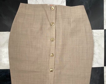 Vintage 90s Cream/Stone/Neutral High Waist Lightweight Wool Pencil Tailored Mini Skirt with Mother of Pearl Button Up Front UK Size 8