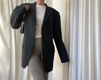 Vintage 90s Oversized Charcoal Grey Wool Blend Blazer Long Suit Jacket Boyfriend Dad Fit Chest 42 Inches