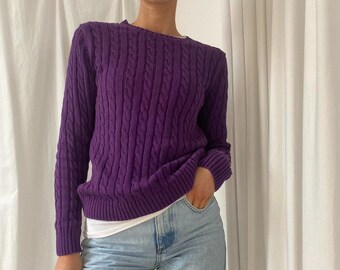 Vintage 00s/y2k Purple Cable Knit Crew Neck Cotton Long Sleeved Pullover Sweater Jumper Size M