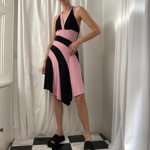 Vintage 00s Y2K Pink and Black Paneled Slinky Halter Neck Midi Dress with Plunge Neck Asymmetric Hanky Hem Size L