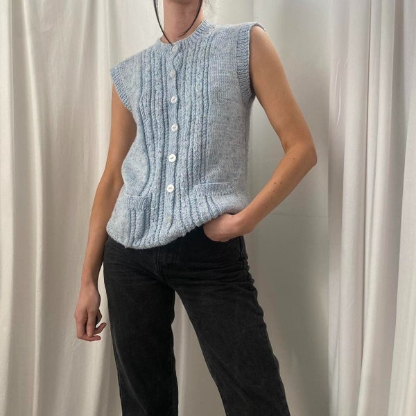 Vintage 90s Light Baby Blue Cable Knit Handknitted Sweater Vest Knitted Waistcoat Sleeveless Cardigan