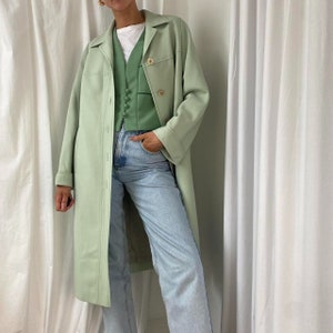 Vintage Minty Pastel Green Long Trench Coat Mac Duster with Pearl Buttons and Turn Back Cuffs UK 16