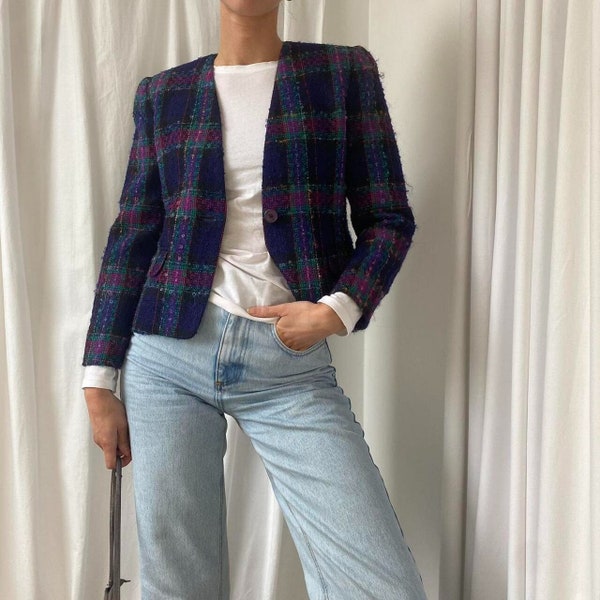 Vintage 80s/90s Blue and Pink Boucle Wool and Mohair Blend Tartan Plaid Check Lady Trophy Jacket Blazer Petite UK Size 8