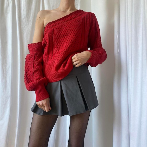 Vintage 00s y2k Red One / Off Shoulder Long Sleeve Cable Knit Sweater Jumper with Asymmetric Neckline UK 18