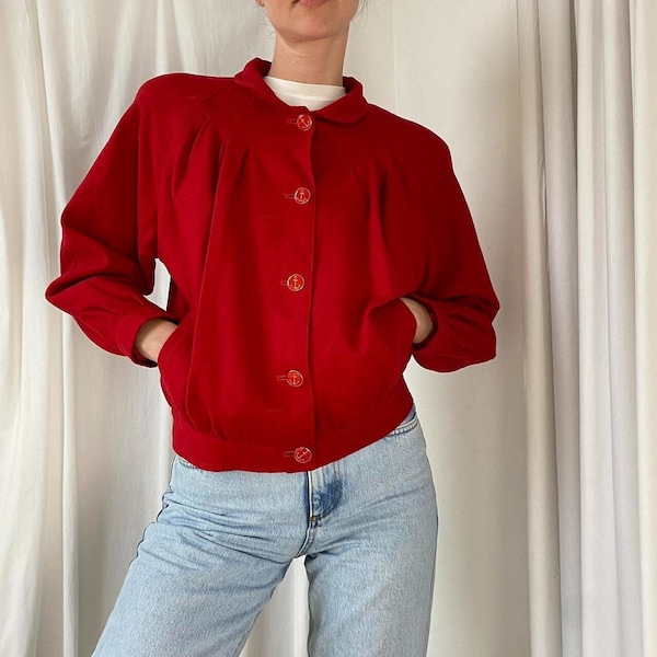 Vintage 80s/90s Boxy Bright Red Wool Short Tailored Blousy Lady Trophy Bomber Jacket with Anchor Buttons UK Size 12