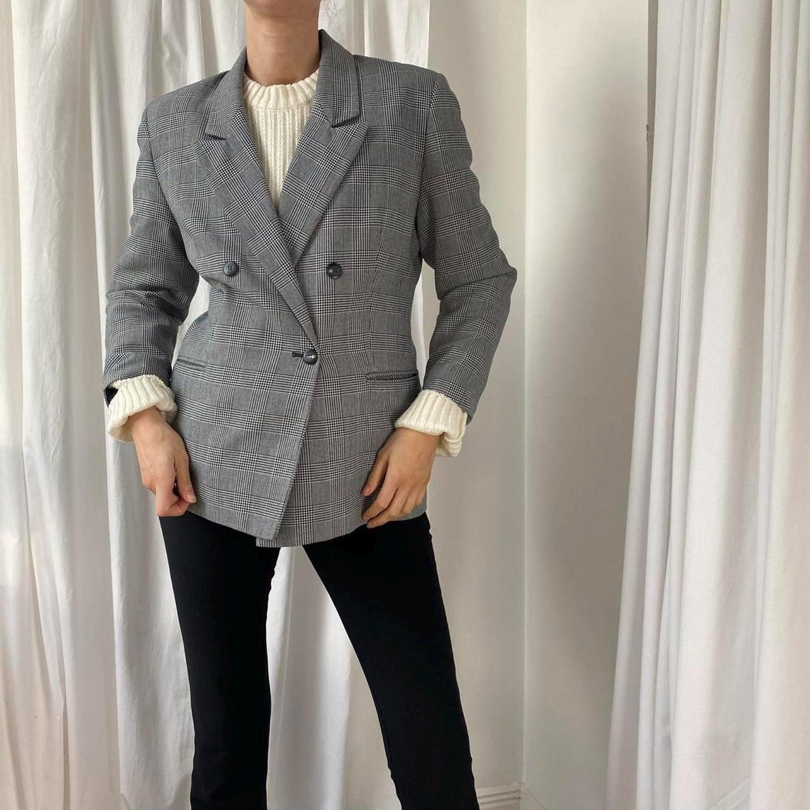 80s/90s Vintage Black White Hounds Tooth Check Plaid Double Breasted Blazer Suit Jacket UK 12, Foto 4 von 5