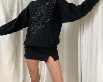 Vintage 80s Black Wool Blend Slouchy Long Sleeved Knitted Sweater Jumper with Beaded Embellished Details UK 18