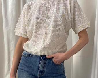 80s Vintage Oversized White/cream and Multi Pastel Textured Boucle Knit Short Sleeved Sweater Jumper Small