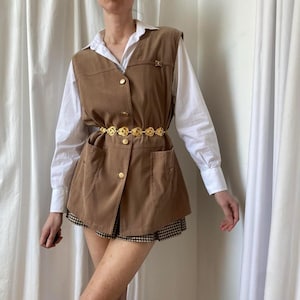 Vintage Longline Tan Brown Soft Touch Waistcoat Sleeveless Vest with Gold Buckle Details UK 16