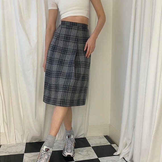 Vintage Pleated Wool Blend Grey Tartan Plaid Check High Waist