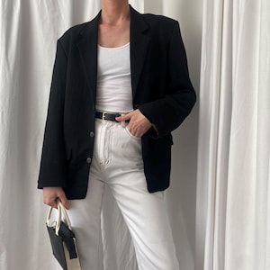 Vintage 90s Minimal Black Blazer Suit Jacket in a Crinkle Texture Fabric Chest 40 Inches L UK14