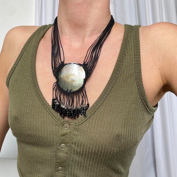 Vintage 00s Y2k Chunky Beachy Boho Shell Disc Pendant with Tassel and Bead Details on Multi Row Cord Necklace