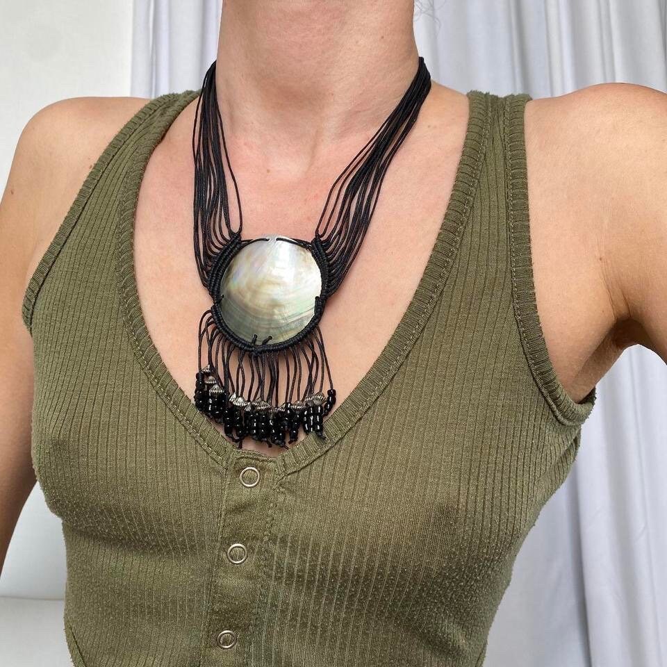 Vintage 00s Y2k Chunky Beachy Boho Shell Disc Pendant with Tassel and Bead Details on Multi Row Cord Necklace