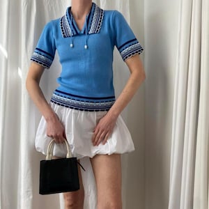 Vintage 70s Knitted Short Sleeved Polo Top with Statement Striped Peter Pan Collar and Patterned Trim UK 10/12