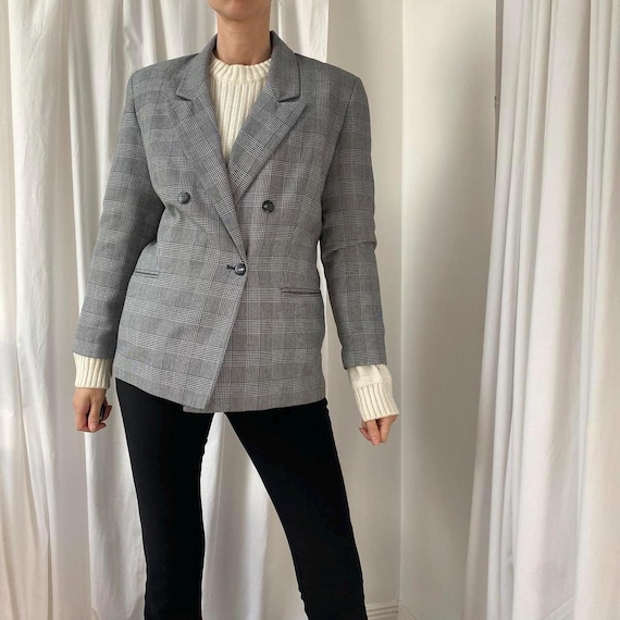 80s/90s Vintage Black White Hounds Tooth Check Plaid Double Breasted Blazer Suit Jacket UK 12