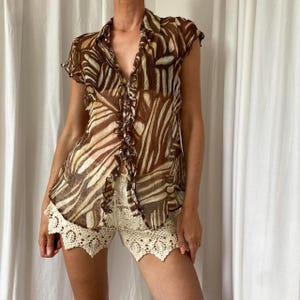 Vintage 00s/Y2K Brown Beige Short Sleeve Frilly Sheer Blouse in Abstract Animal Style Print UK 16