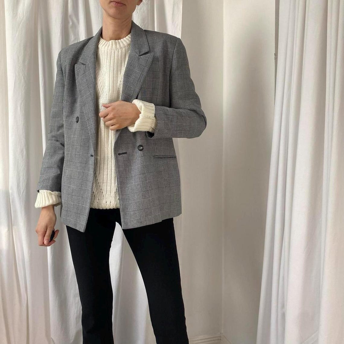 80s/90s Vintage Black White Hounds Tooth Check Plaid Double Breasted Blazer Suit Jacket UK 12, Foto 2 von 5