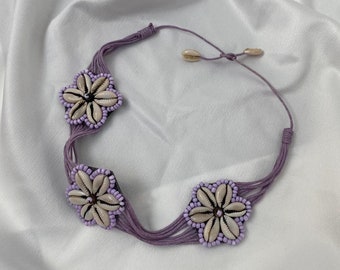 Vintage 00s y2k Flower Bead and Conch Shell Multi Row Lilac Purple Cord Choker Necklace