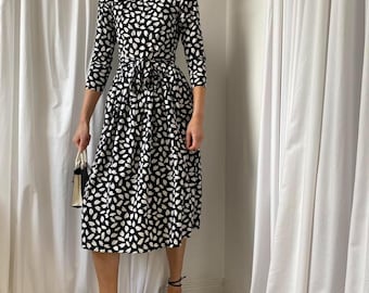 Vintage 80s Jaeger Black and White ditsy Heart Print 3/4 Sleeve Midi Dress with Bardot Off Shoulder Neckline UK 8