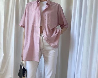 Vintage 80s/90s Relaxed Red and White Fine Striped Cotton Blend Shirt Overshirt with Short Sleeves 42" Chest UK16