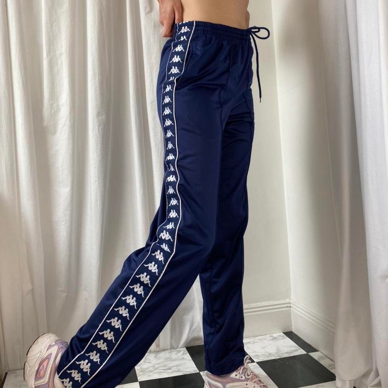 Vintage Retro 90s Y2k 00s Navy Blue KAPPA Tracksuit Bottoms Joggers with Branding Stripe to Sides Mens M