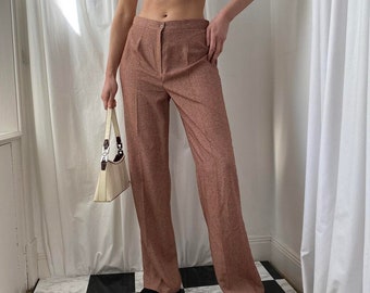 Vintage 90s Relaxed Lightweight High Waisted Pink Brown Straight Wide Leg Tailored Trousers UK Size 12