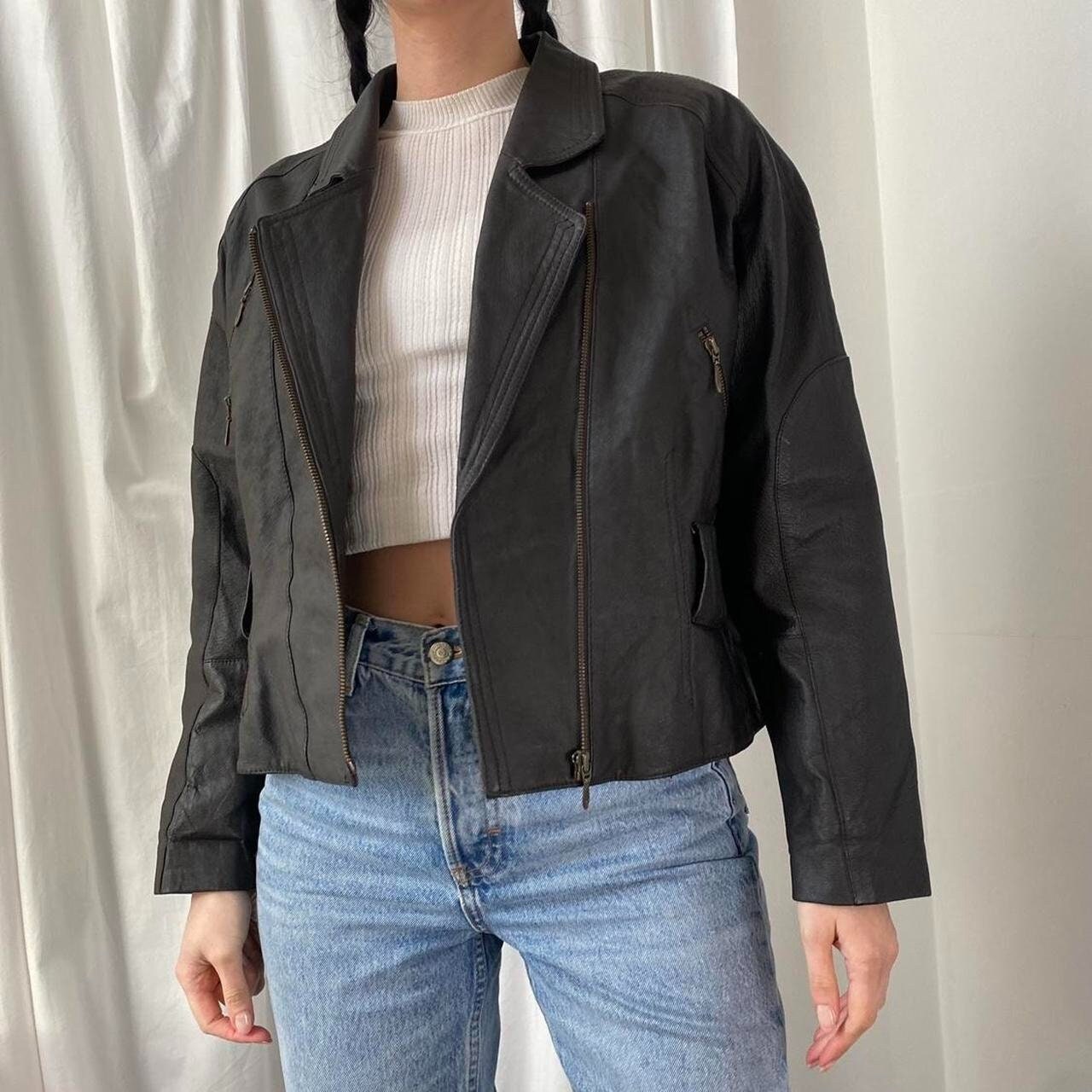 Vintage Y2K Short Boxy Dark Brown Leather Biker Jacket UK
