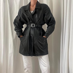 80s Vintage Oversized Leather Jacket Coat with Moto Ribbed Stitched Details and Exaggerated Shoulders UK 14