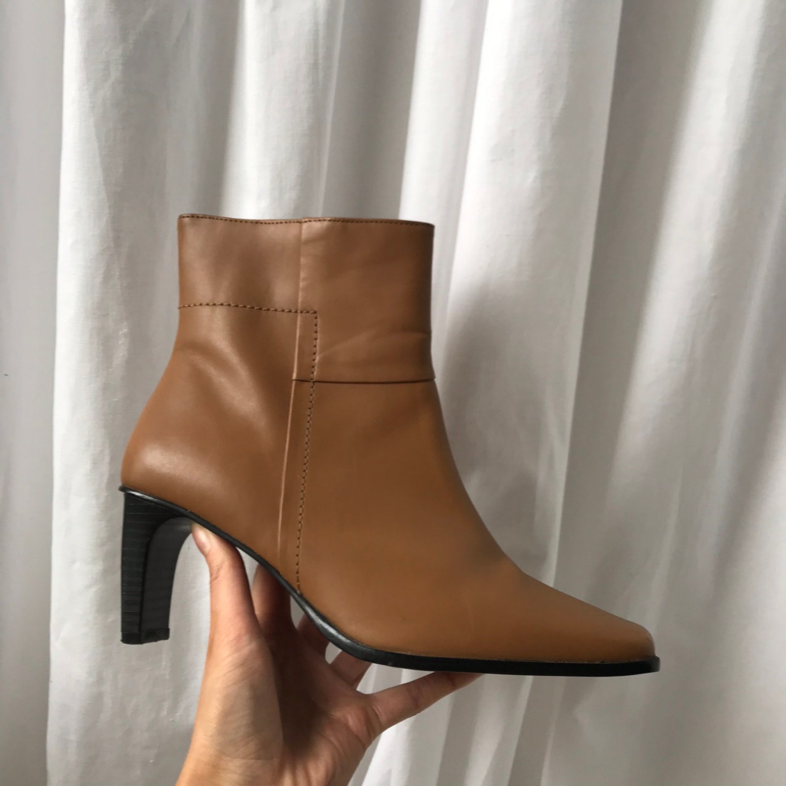 leather block heel square toe ankle boots