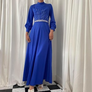 Vintage 70s Cobalt Blue High Neck Bishop Sleeve Maxi Dress with Pearl and Sequin Beaded Embellished Details UK 12