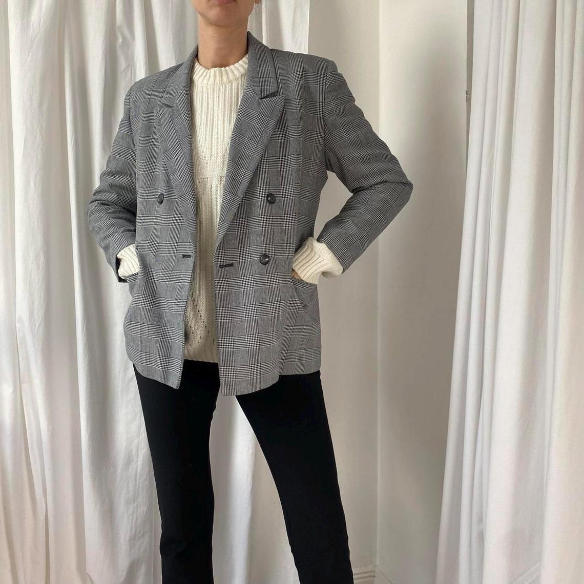 80s/90s Vintage Black White Hounds Tooth Check Plaid Double Breasted Blazer Suit Jacket UK 12, Foto 3 von 5