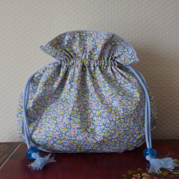 Pochon rond, coton motif fleurs, sac ouvrage tricot, multiusage, idée cadeau