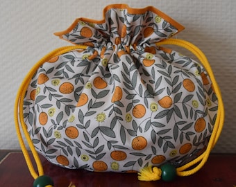 Pochon rond, coton, motif oranges, sac ouvrage tricot, multiusage, idée cadeau
